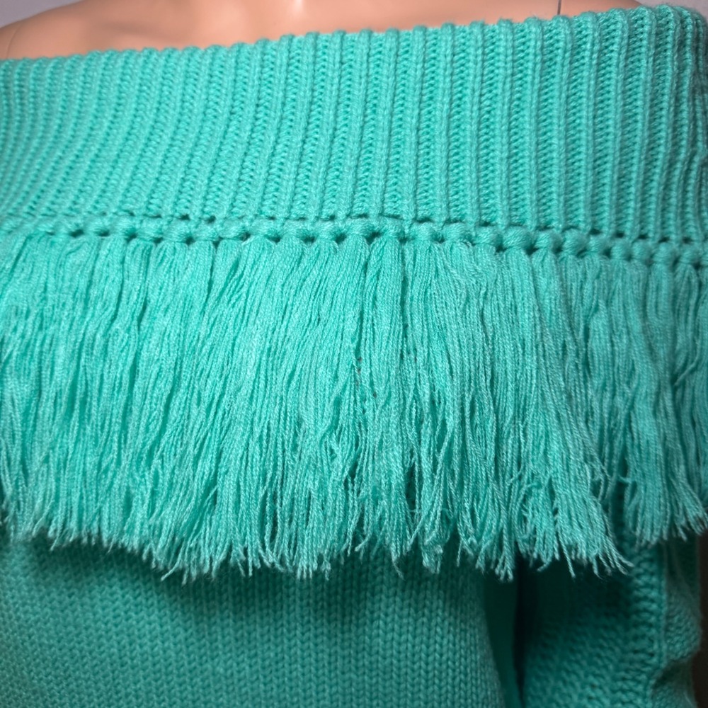 Rock‎ & Roll Cowgirl Turquoise Fringe Off Shoulder Knit Sweater Size S - Picture 2 of 9